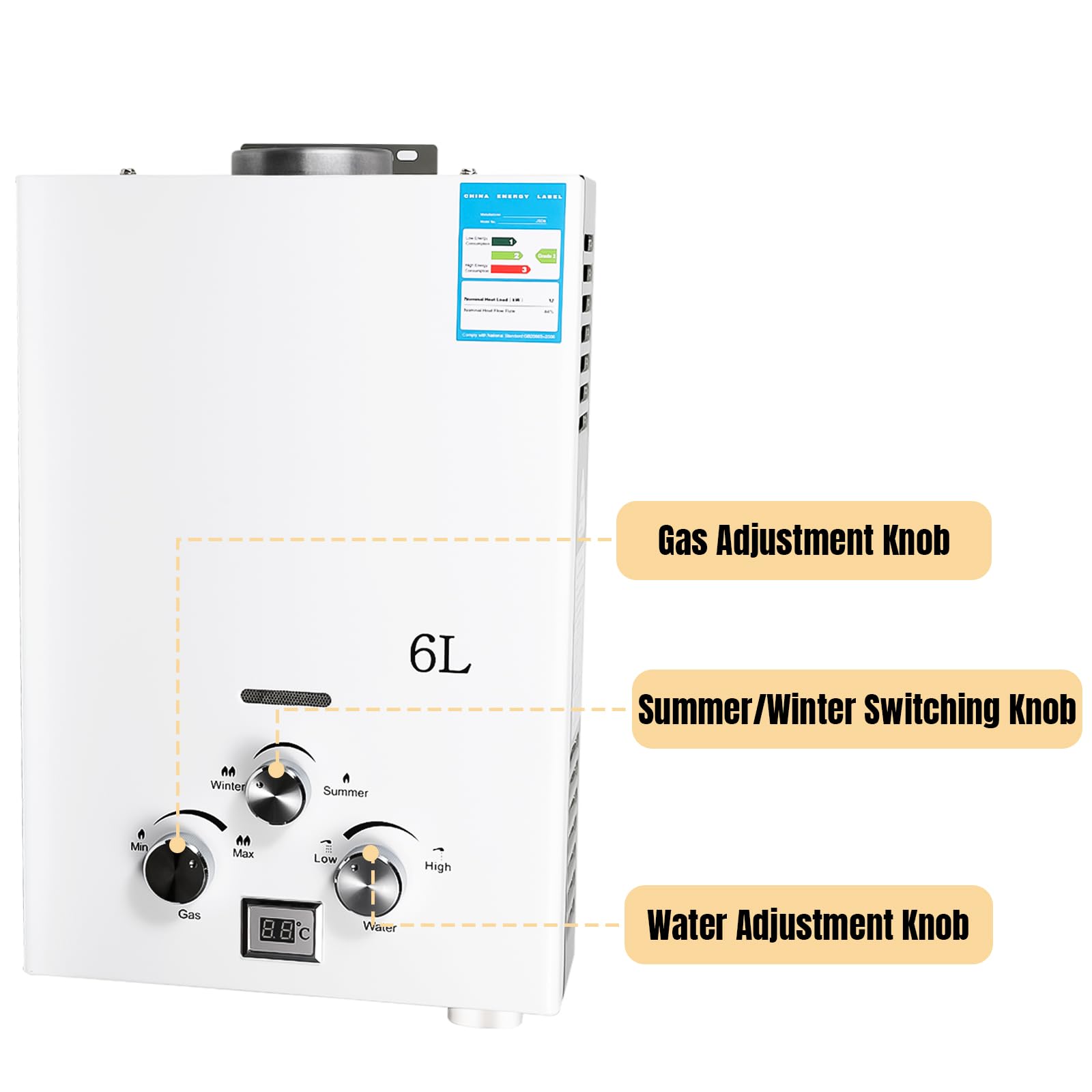 Calentador de Agua de Gas,6 L Calentador de Agua Butano Instantáneo | Pantalla LED,Modo Invierno y Verano Ajustables,2800 Pa,12 KW,Adecuado Para el Hogar, Vehículos Recreativos y Exteriores
