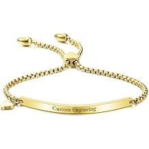 VIBOOS Personalized Bracelet Engraving Name Date for Women Custom Stainless Steel Bangle with Adjustable Link Chain Heart Tag Bridesmaid Best Friend Jewelry Gifts
