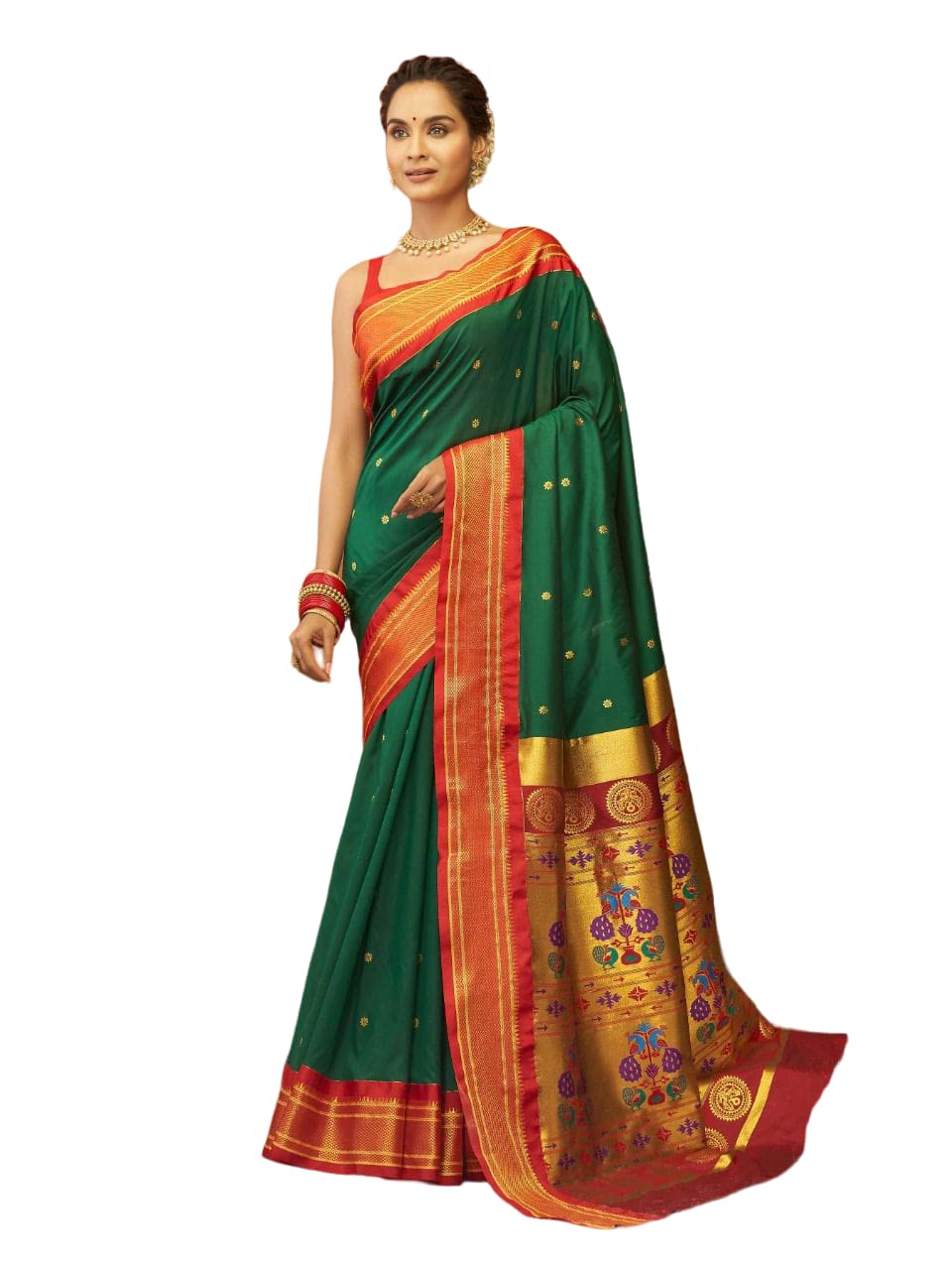 Women Paithani Pure soft silk handloom saree with Pure Jari woven with Designer Pallu and Temple Boarder