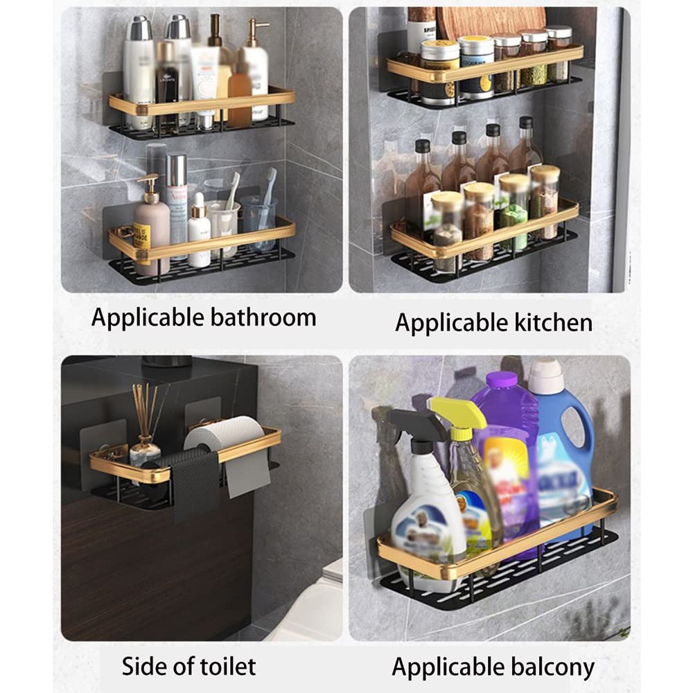 Cesta de ducha Estante de baño Cesta de ducha, Adhesivo de ventosa sin perforaciones en la pared, Soporte de champú para inodoro de aluminio dorado negro, Estante organizador de cocina Almacenamiento