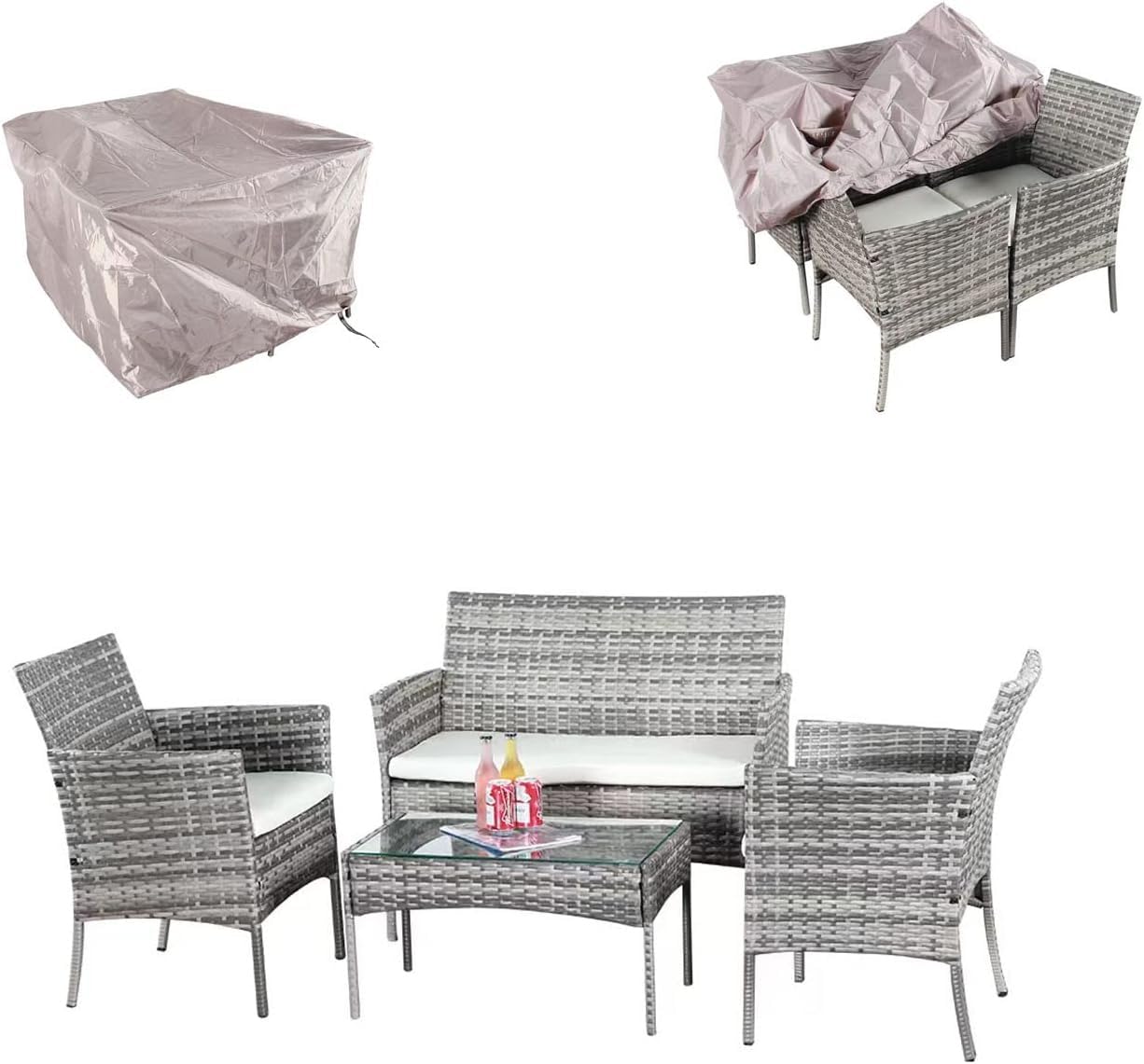 4pcs Rattan Garden Furniture Set With Waterproof Cover 4 Piece Including 2 Chairs, 2 Seater Sofa and Table With Top Glass for Indoor & Outdoor (Mix Grey With Rain Cover)