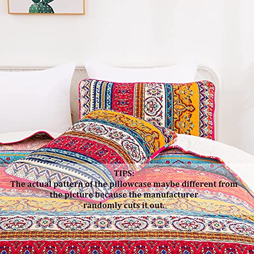 Bohemian Quilt Set Queen Boho Floral Pattern Quilt Coverlet Boho Stripe Quilt With 2 Pillow Shams Lightweight Soft Micorfiber Bedspread Set All Season Indian Home Decor 90"X90" #TOP6
