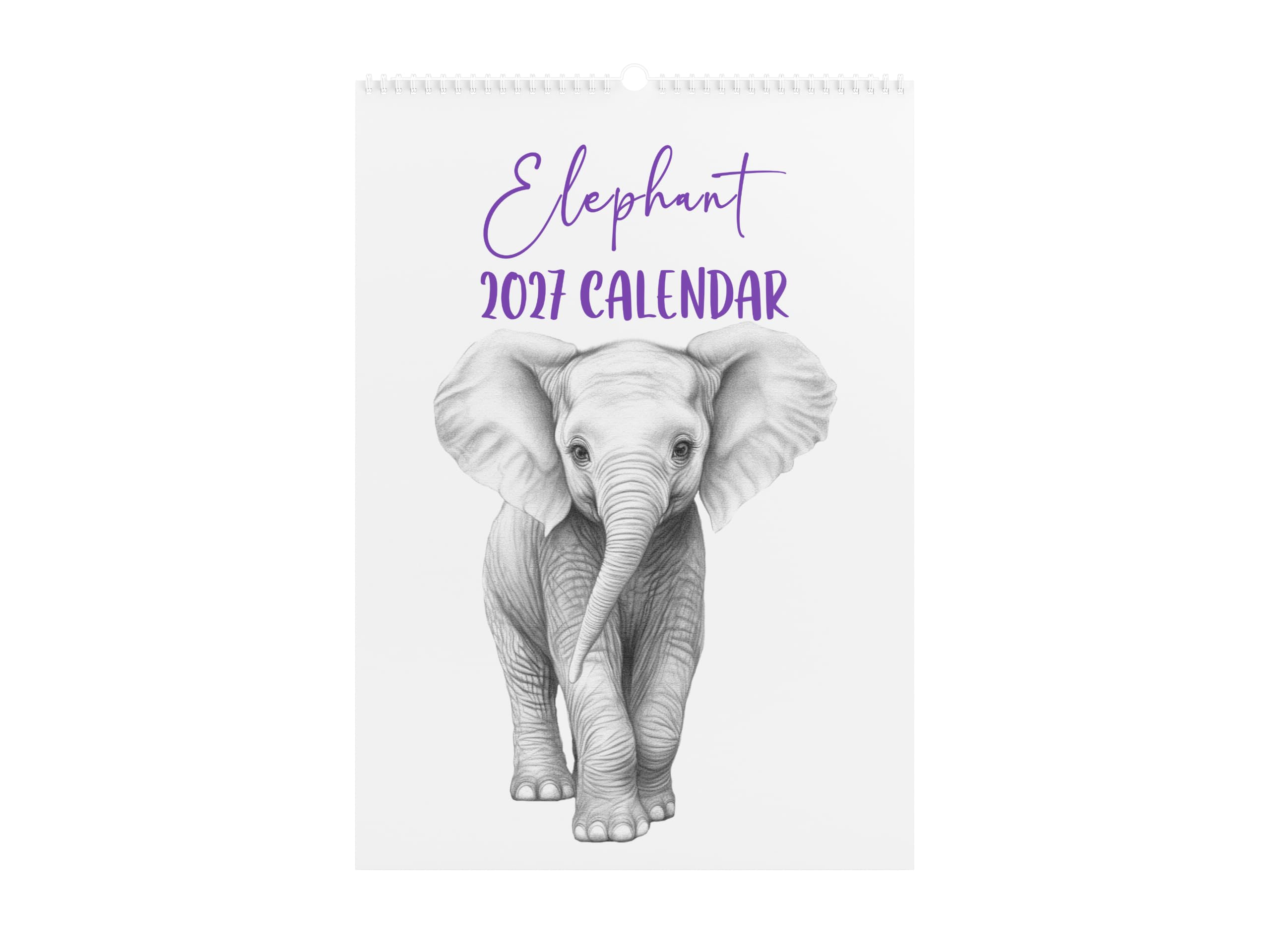 2027 Elephant Wall Calendar, 12 Monthly Calendar, Watercolour and Pencil Illustrations