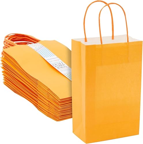 BLUE PANDA Paquete de 25 bolsas de regalo naranjas con asas, bolsas de papel de tamaño mediano para cumpleaños, bodas, minoristas (8 x 3.9 x 10