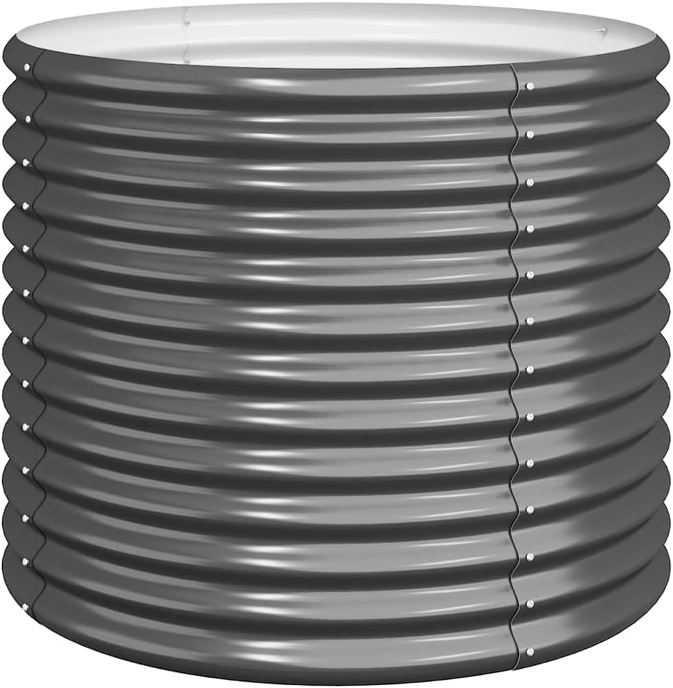 Round Metal Planter Anthracite 31.5 in Powder-Coated Steel Raised Garden Bed for Herbs Veggies Flowers on Patio Balcony Terrace