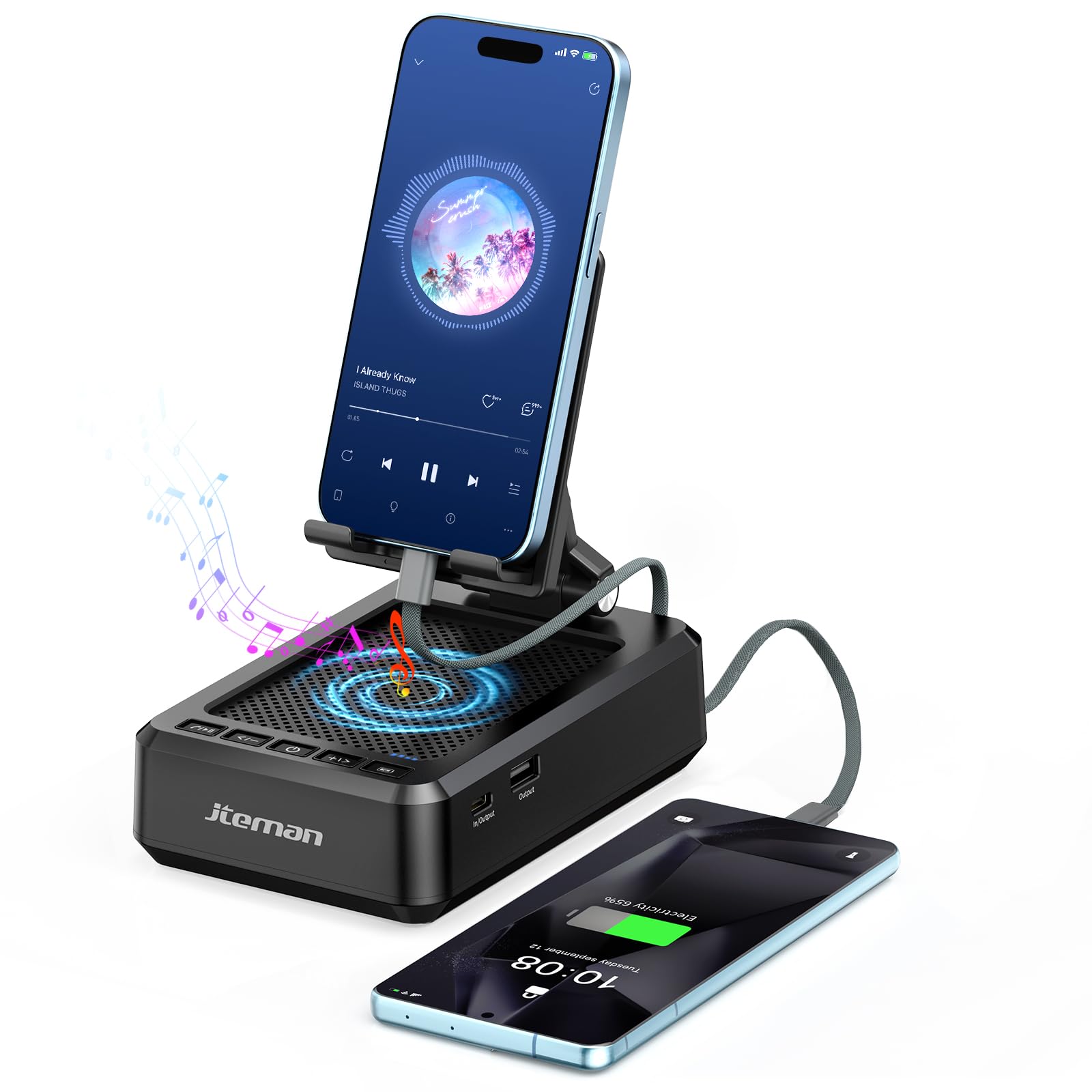 Jteman Cell Phone Stand Bluetooth Speaker with Built-in Cables,Foldable Adjustable Holder,All-in-One Audio Stand for iPhone Android,Birthday Gifts for Men Women