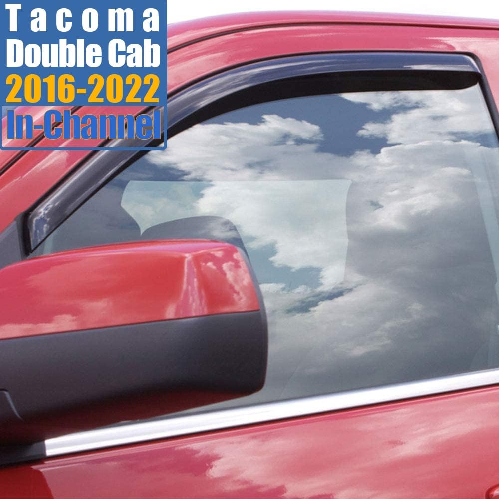 in-Channel Window Deflectors Compatible with 2016-2021 Tacoma Double Cab, Side Window Visors, Rain Guards, Vent Deflector, Dark Smoke Tinted, 4-Piece