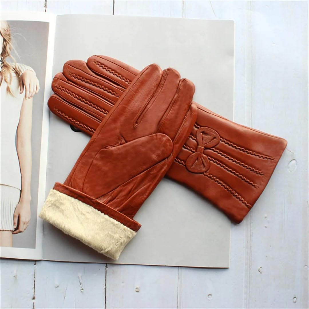 Damen Winter Style Leder Schaffell Handschuhe Mittellange Streifen Plus Fleece Warme Handschuhe Dunkelbraun 7 12