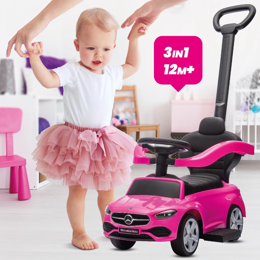 sun baby Coche de Empuje Mercedes C-Class, Coche para Niños a Partir de 1 año, Respaldo Alto, Volante con Audio, reposapiés Extensibles, Compartimento portaobjetos (Rosa)