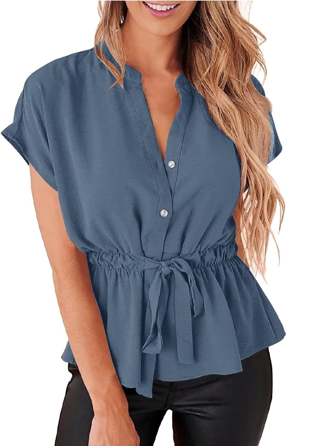 Heevina Shirts for Women Short Sleeve Tops Solid Color Button Down Tie Up Waist Ladies Shirts Summer Casual Going Out