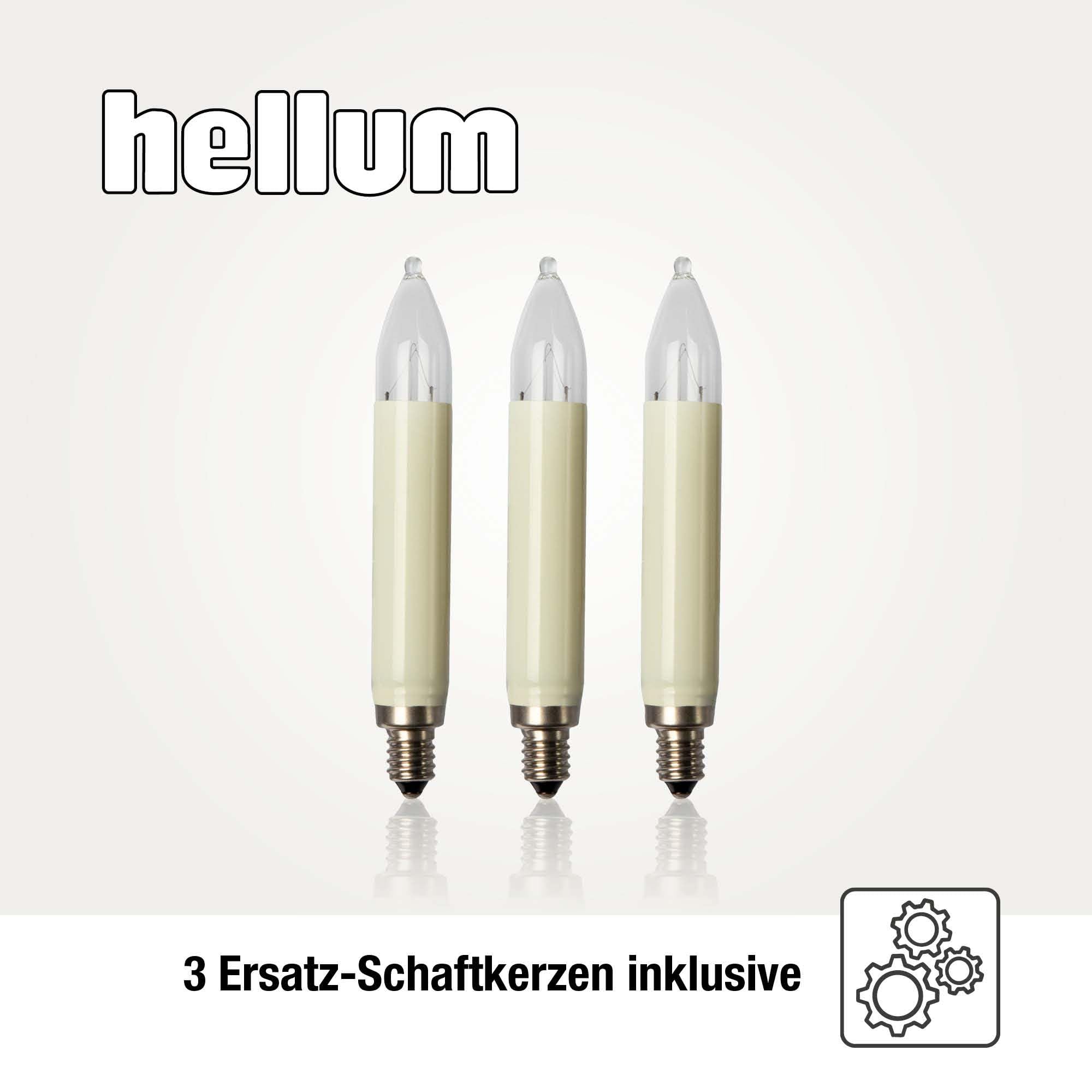 hellum Lichterkette Weihnachten innen mit 15 Kerzen und teilbarem Stecker | Made in Germany warmweiß, Lichterkette Weihnachten mit Clip, 9,80m beleuchtet, Kabel grün, inkl 3 Ersatzkerzen <59lm 430059