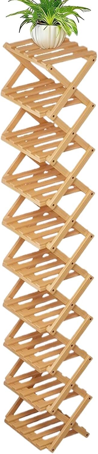 10Tier Foldable Wooden Shoe Rack SpaceSaving Organizer for Entryway Hallway or Closet（Natural Wood）