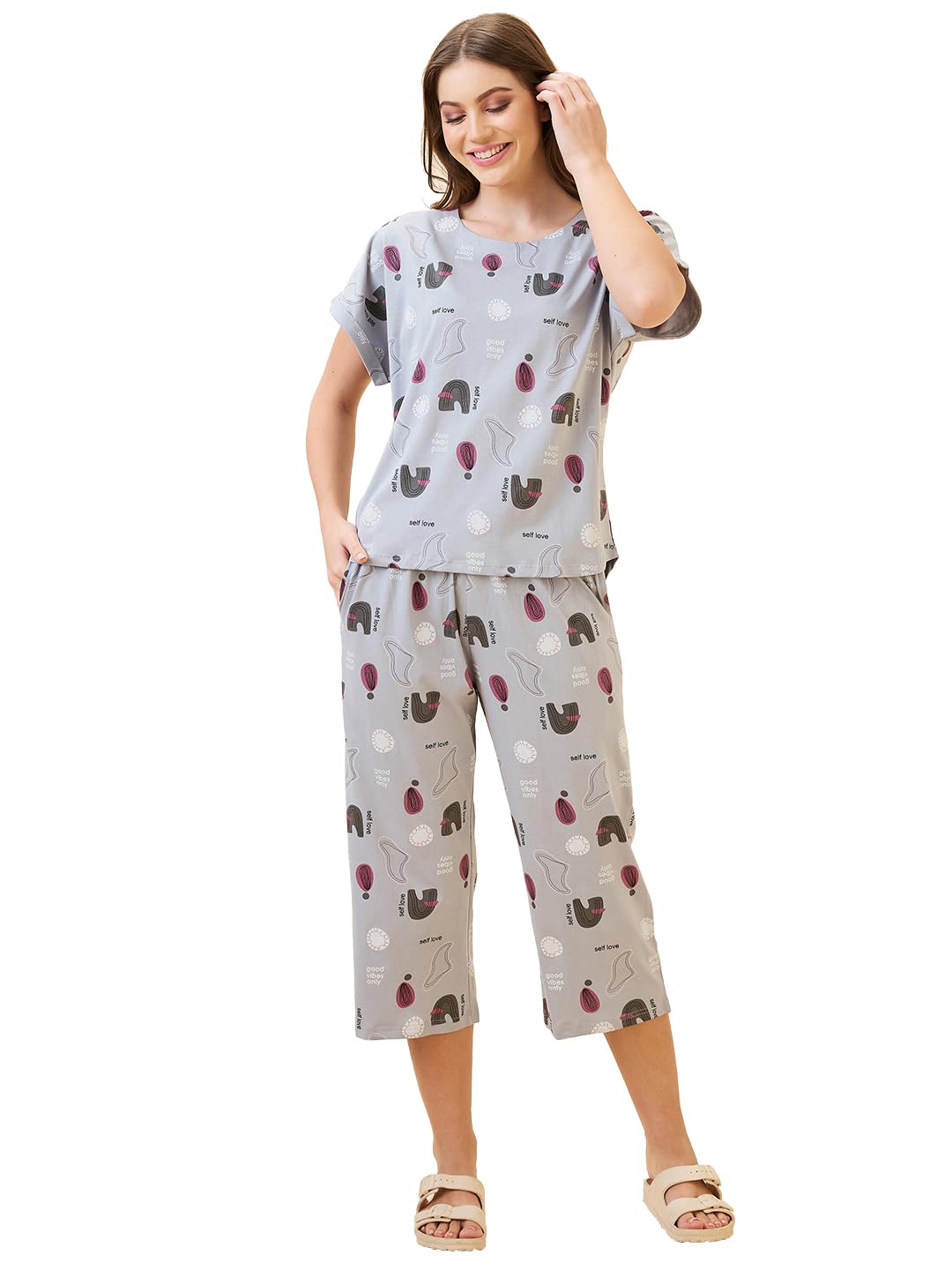Women's Cotton Printed Round Neck Short Sleeve Night Suit Set | Capri Set | Casual Night Dress for Women-2895-image-35