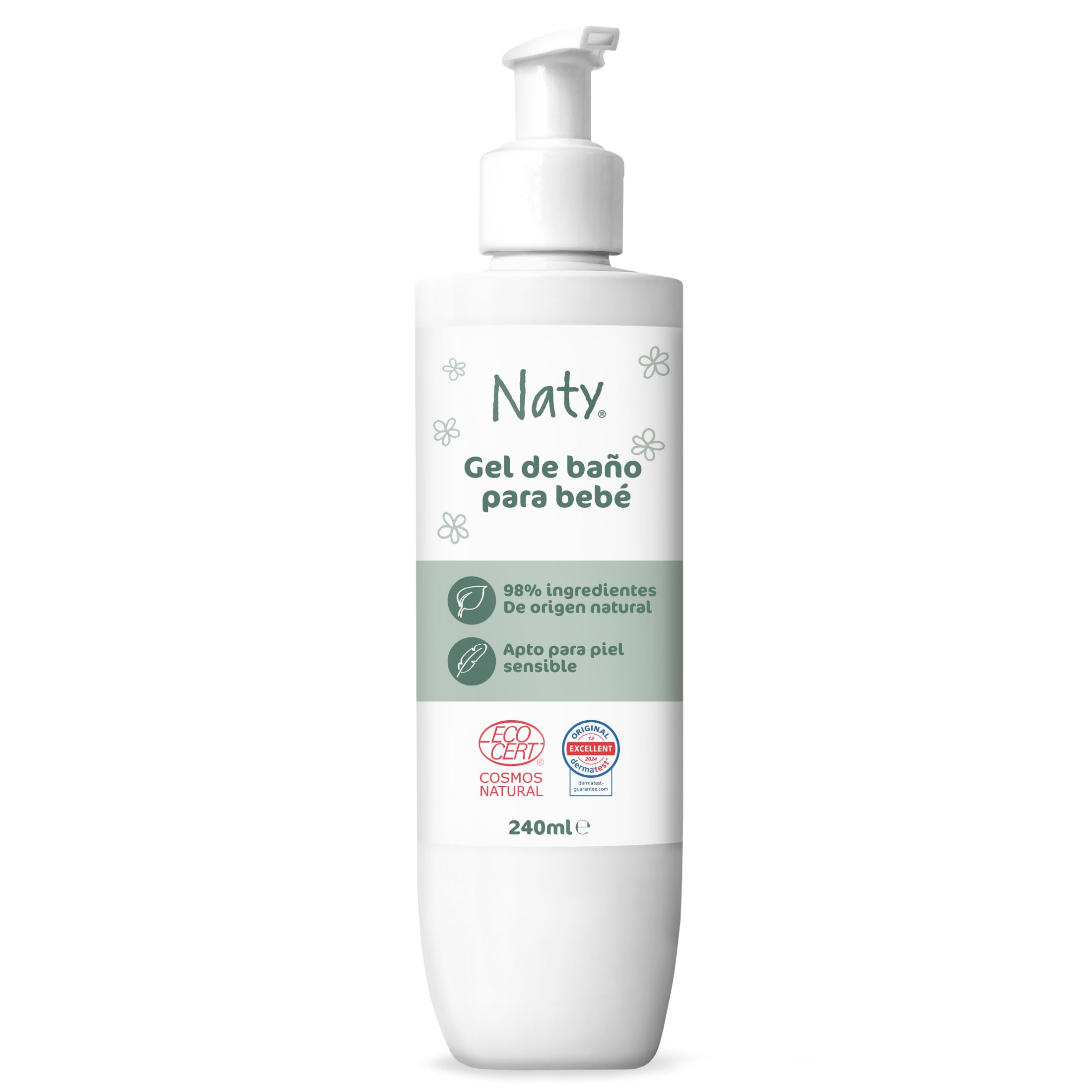 Naty Gel de Baño Bebé 240 ml – Origen natural, sin lágrimas, sin perfume, sin SLS/SLES, testado dermatológicamente, vegano, certificado COSMOS Natural, apto para piel sensible