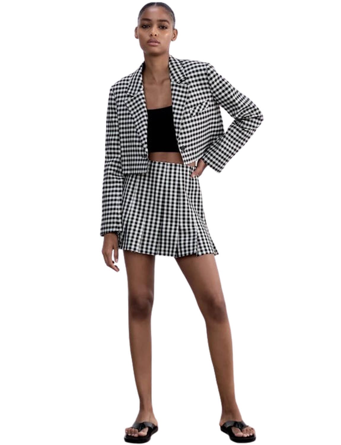 Womens Small Plaid Suit Notch Lapel Checked Jacket Skirt Daily Leisure