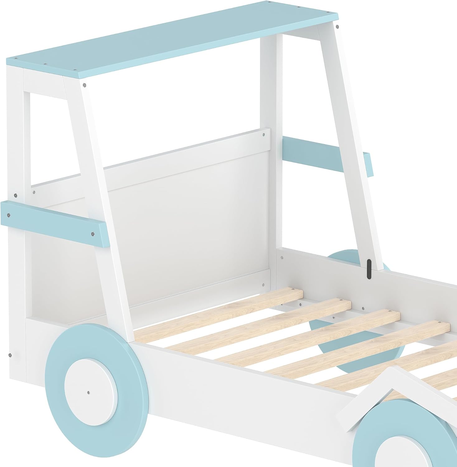 Twin Size Car-Shaped Bed with Storage Shelves, Low Profile Platform Bed with Headboard and Footboard, Wooden Car Bed Frame with Guardrails and Wheels, Blue & White