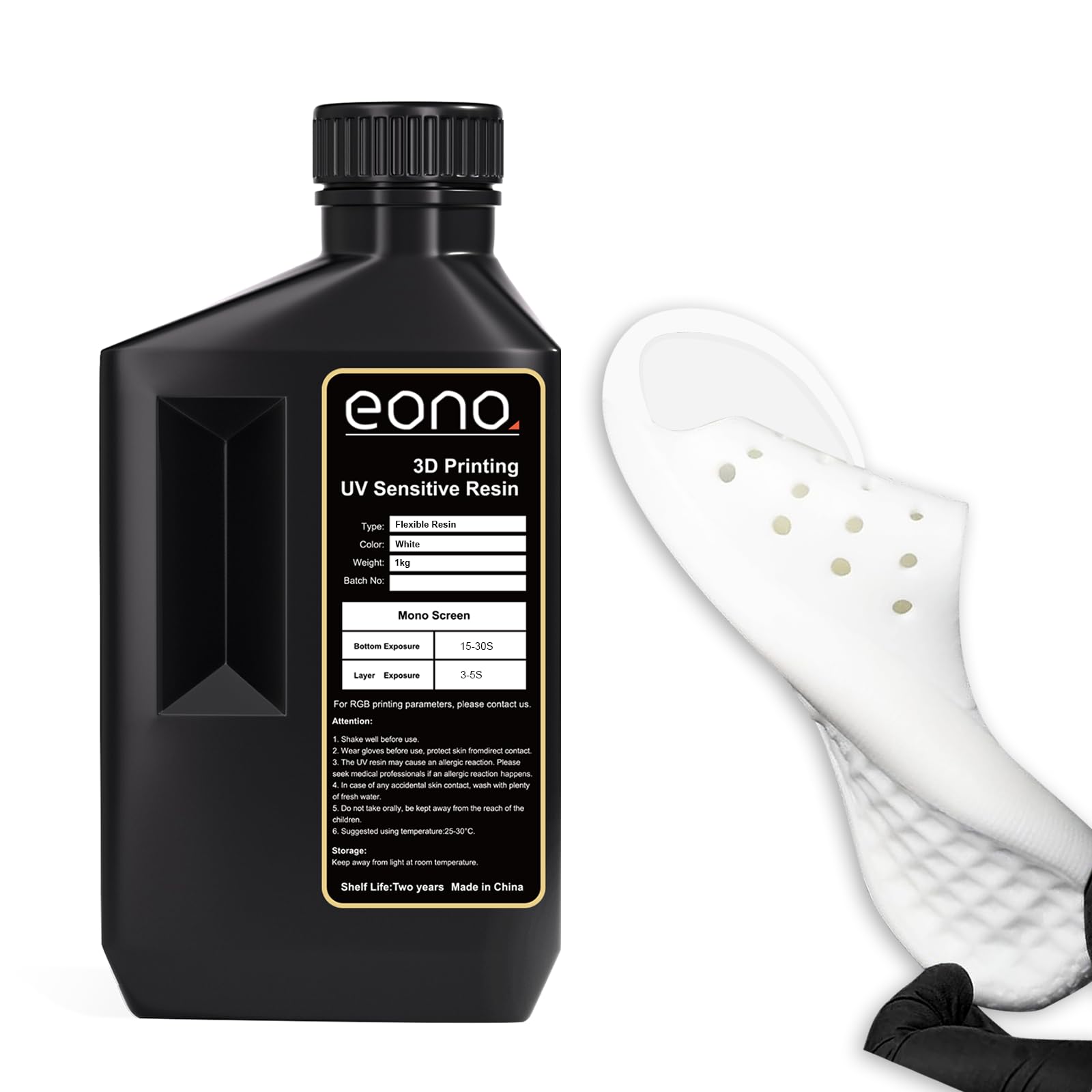 EONO Resina flexible para impresora 3D (Shore 80A) Resina para impresión 3D Goma suave/Resina tipo TPU, Alta elasticidad, Resina UV rápida de 405nm para impresora LCD, color blanco, 1000 g