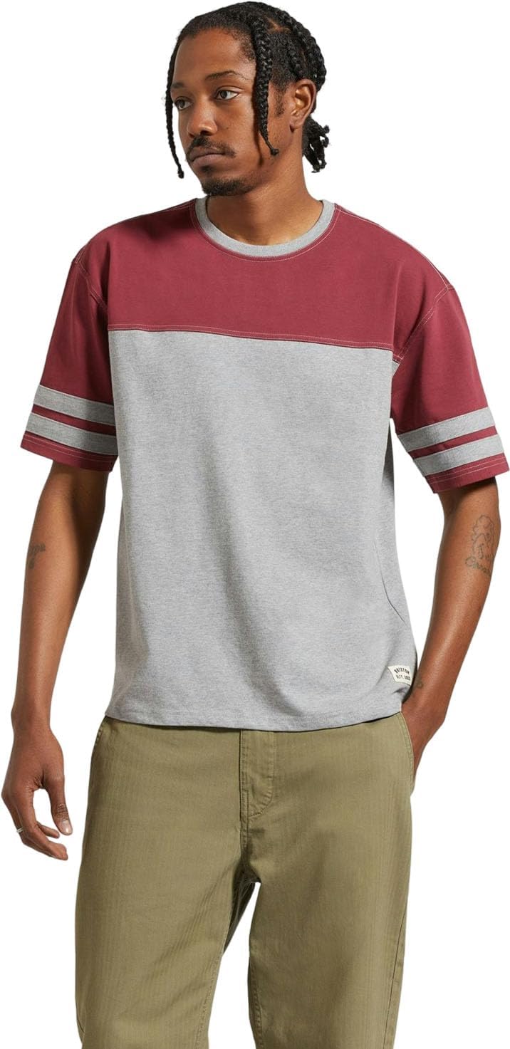 Heavyweight Football T-Shirt - Heather Grey & Cordovan Red by Brixton