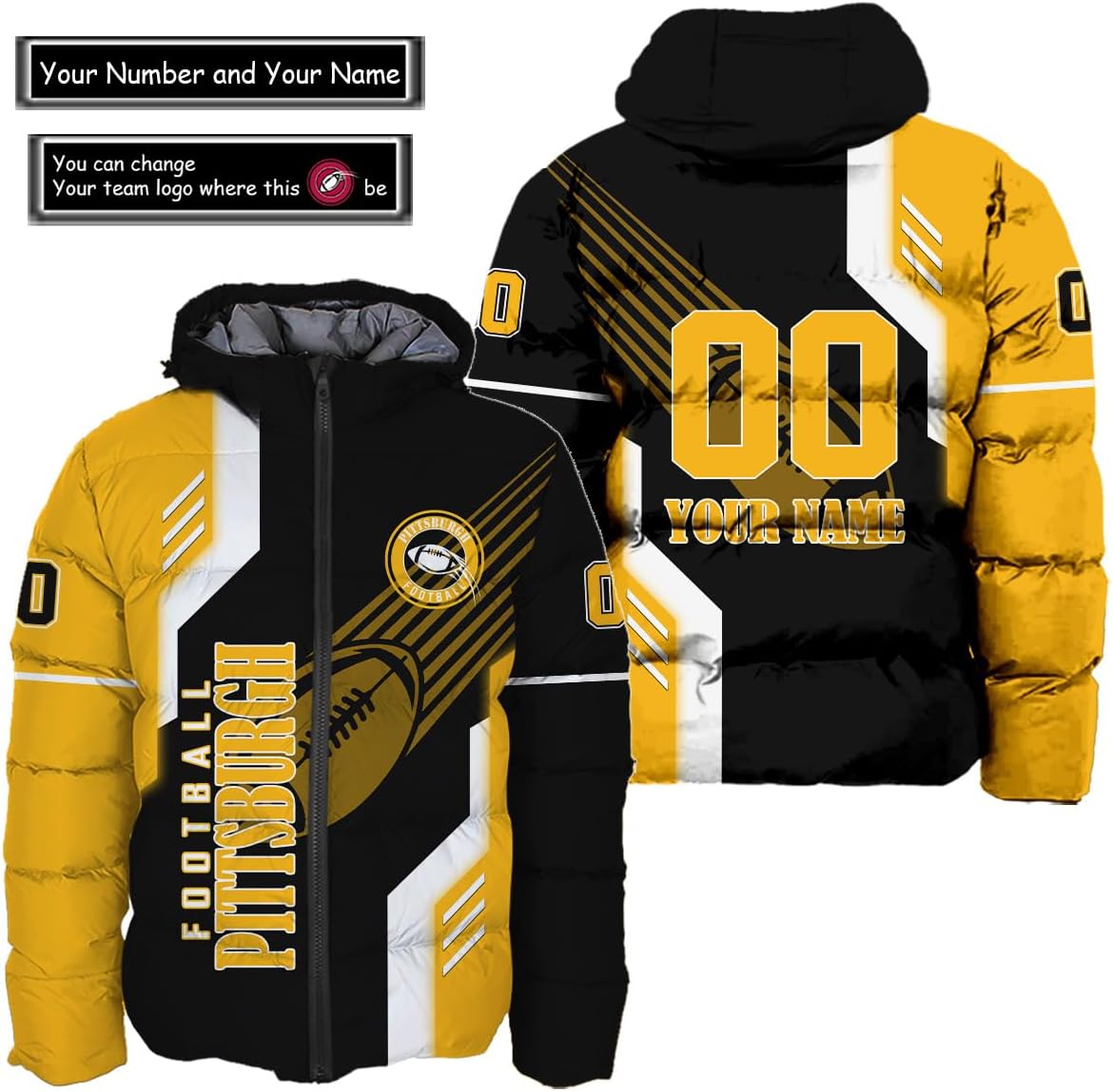 Personalized Pittsburgh Football Team Steeler Men's Hooded Puffer Jacket