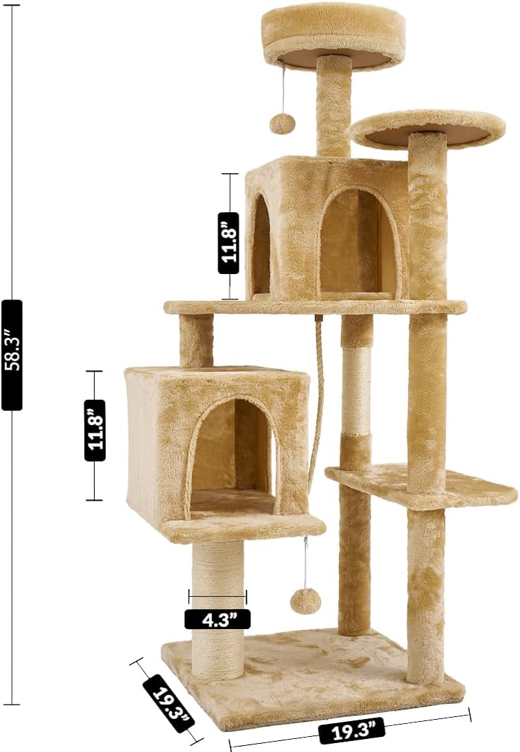 58.3″ Large Cat Tree Tall Cat Tower for Indoor Cats Multi-Level Plush Cat Cando with 2 Soft House, 1 Sisal Rope, 1 Thick 4.3″ Cat Post, 2 Hang Ball, Beige