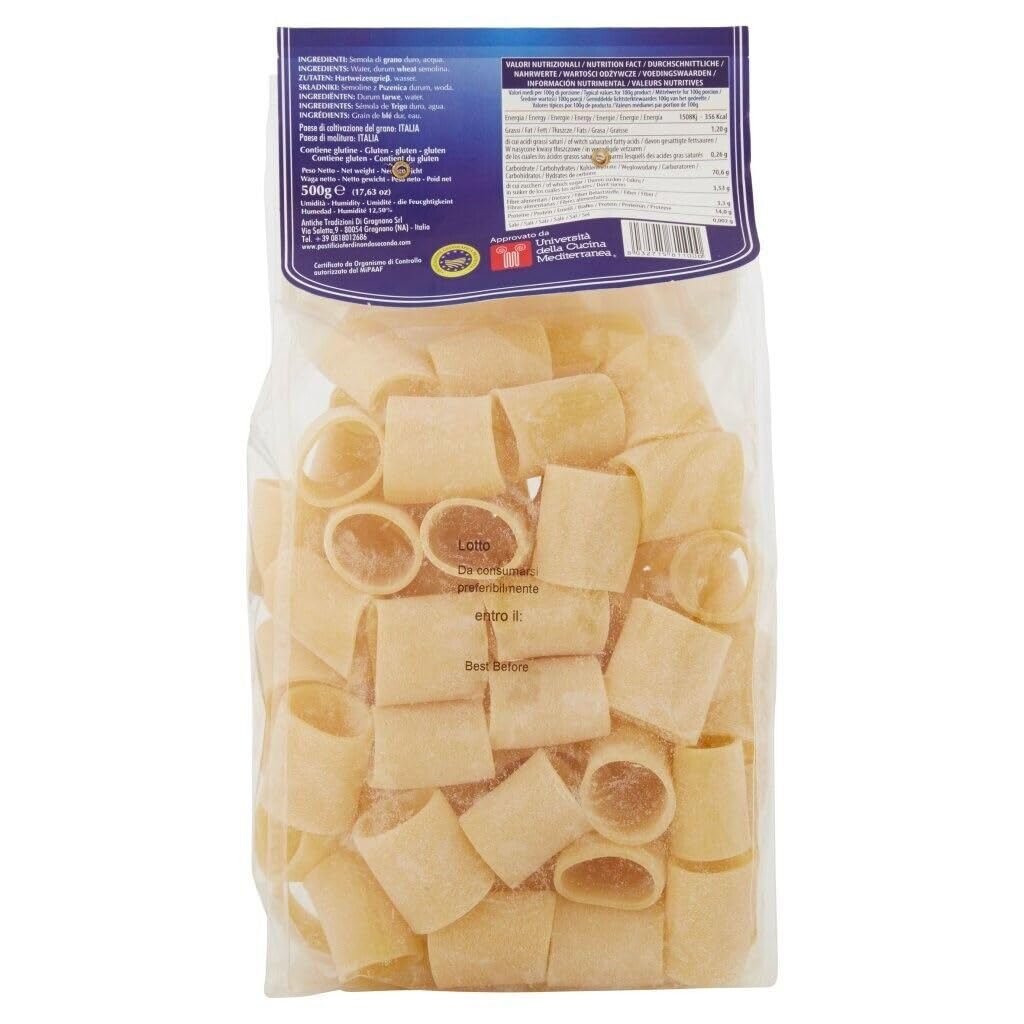 Pastificio Ferdinando II Mezzi Paccheri Lisci Pasta di Gragnano I.G.P. Lot de 6 pâtes à la semoule de blé dur, 500 g