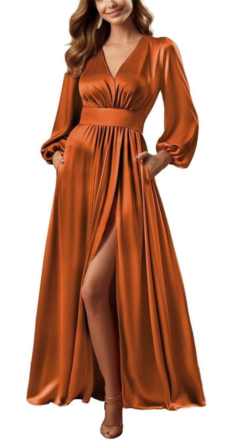 Yiann Women's Burnt Orange Long Sleeve Bridesmaid Dresses With Pockets A Line Fall Satin Prom Dress With Slit For Uk14