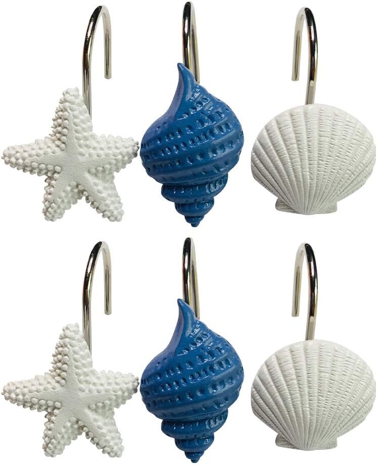 Twofishes Blue Seashell Shower Curtain Hooks S/12 Ocean White Starfish Style Shower Curtain Rings Pack of 12 White Conch Shower Rings Set of 12