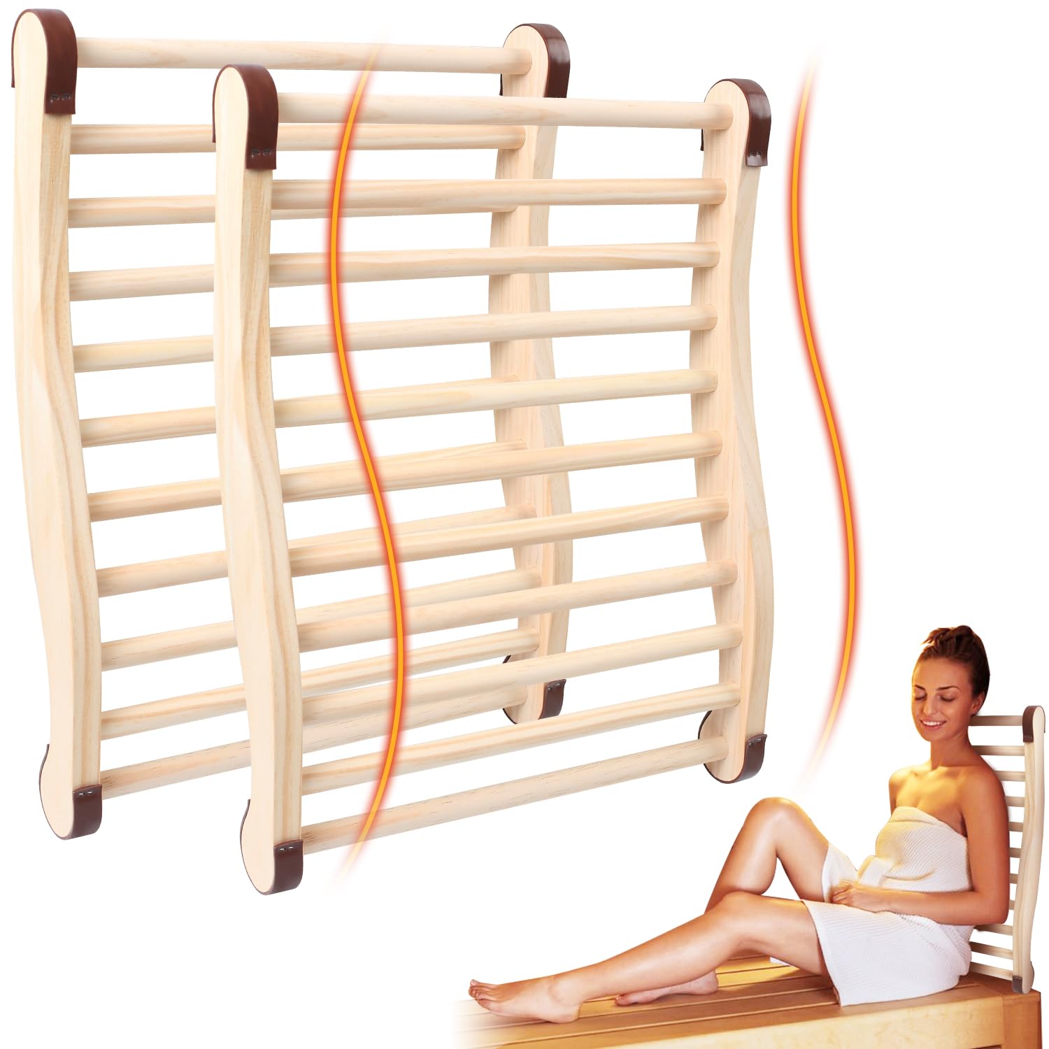 2 Stück Sauna Rückenlehne aus 100% Naturholz, Ergonomische Rückenstütze Rückenlehne mit Rutschfeste Polster, Holz Sauna Zubehör Infrarotkabine