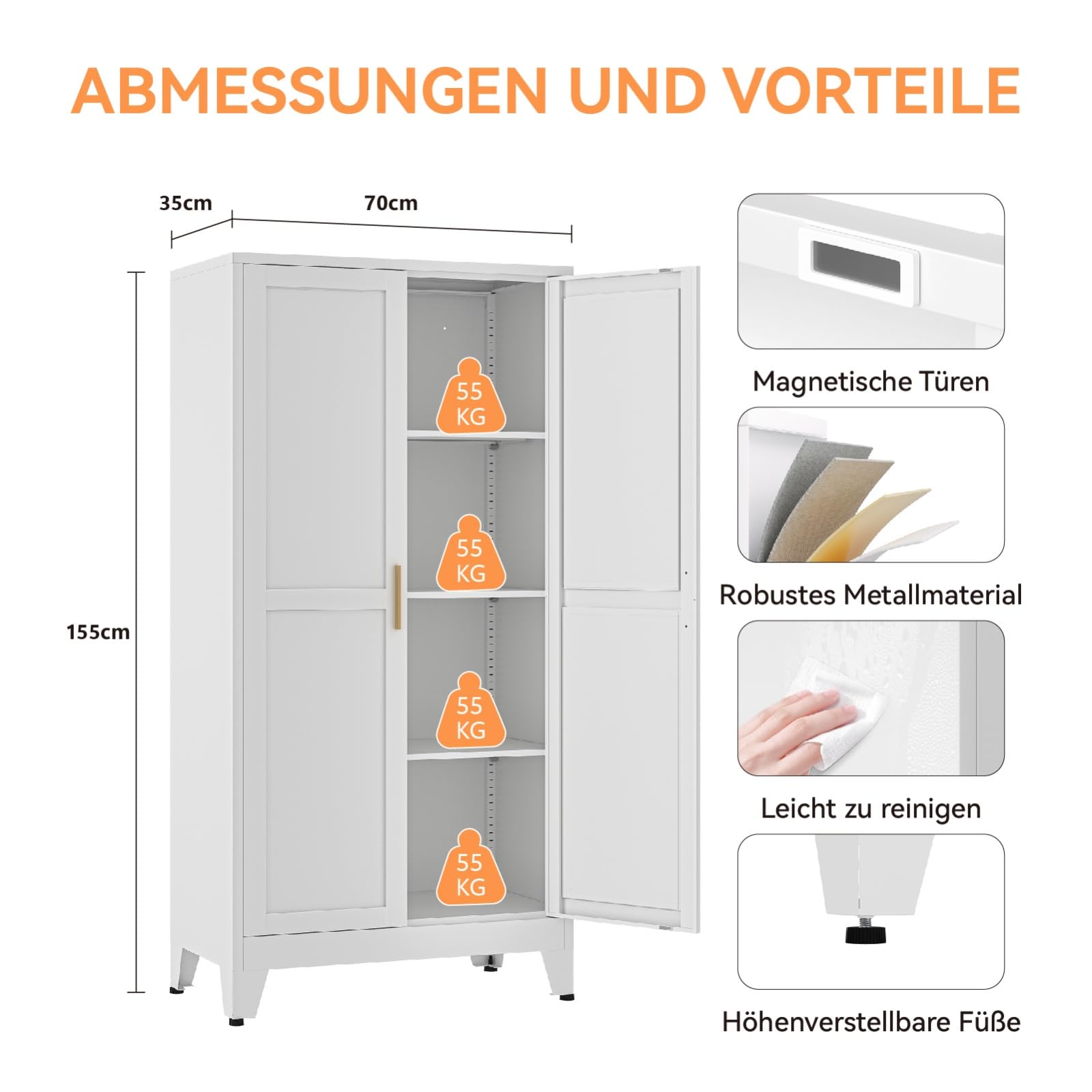Mehrzweckschrank 70 cm Breit, Küchenschrank mit 2 Türen, Verstellbarer 4-Stufiger Metallschrank, Vorratsschrank, Allzweckschrank, für Küche, Esszimmer, Wohnzimmer und Homeoffice-Weiß-C