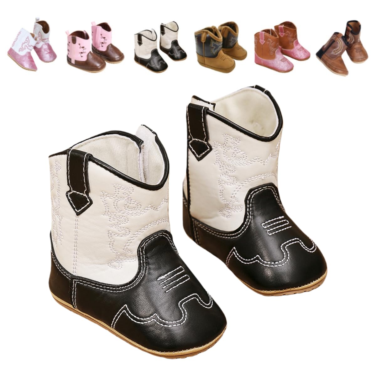 Baby Cowboy Boots for Boys & Girls Embroidery Western Baby Cowgirl Boots Infant Sequin Leather Baby Cowboy Boots Round Toe Ankle High Hook and Loop Shoes Slip-resistant Sole infant First Walker-image-27