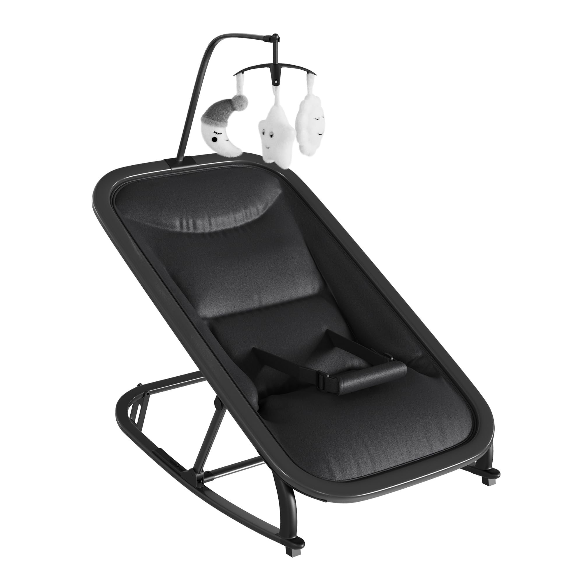 Garvee Silla Mecedora para Bebé 0-12 Meses - Hamaca Infantil Plegable con Respaldo 3 Posiciones, Barra de Juegos, Arnés 5 Puntos, Funda Desmontable, Estructura Aluminio Ligera - Negro