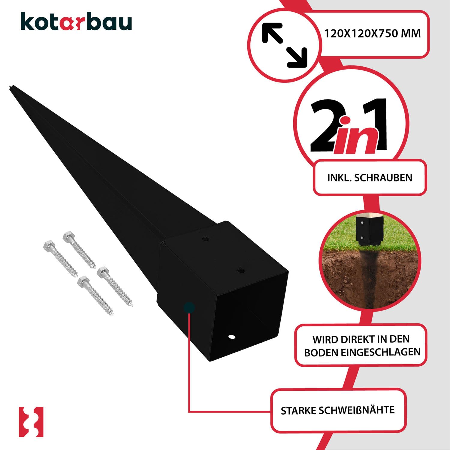 KOTARBAU® 4 STK. Pfostenträger Einschlagen 121x121x750mm verzinkt-pulverbeschichteter Stahl Einschlaghülse Erdanker Einschlagbodenhülse Gartenzaun Erdungsspieß Bodenanker Einschlaghülsen Holzpfosten