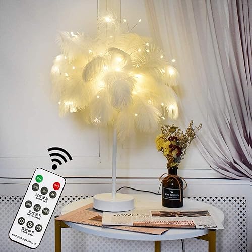 GUOCHENG Luz nocturna de plumas de avestruz, luz LED decorativa de ambiente con plumas, control remoto de plumas junto a la lámpara de mesa para