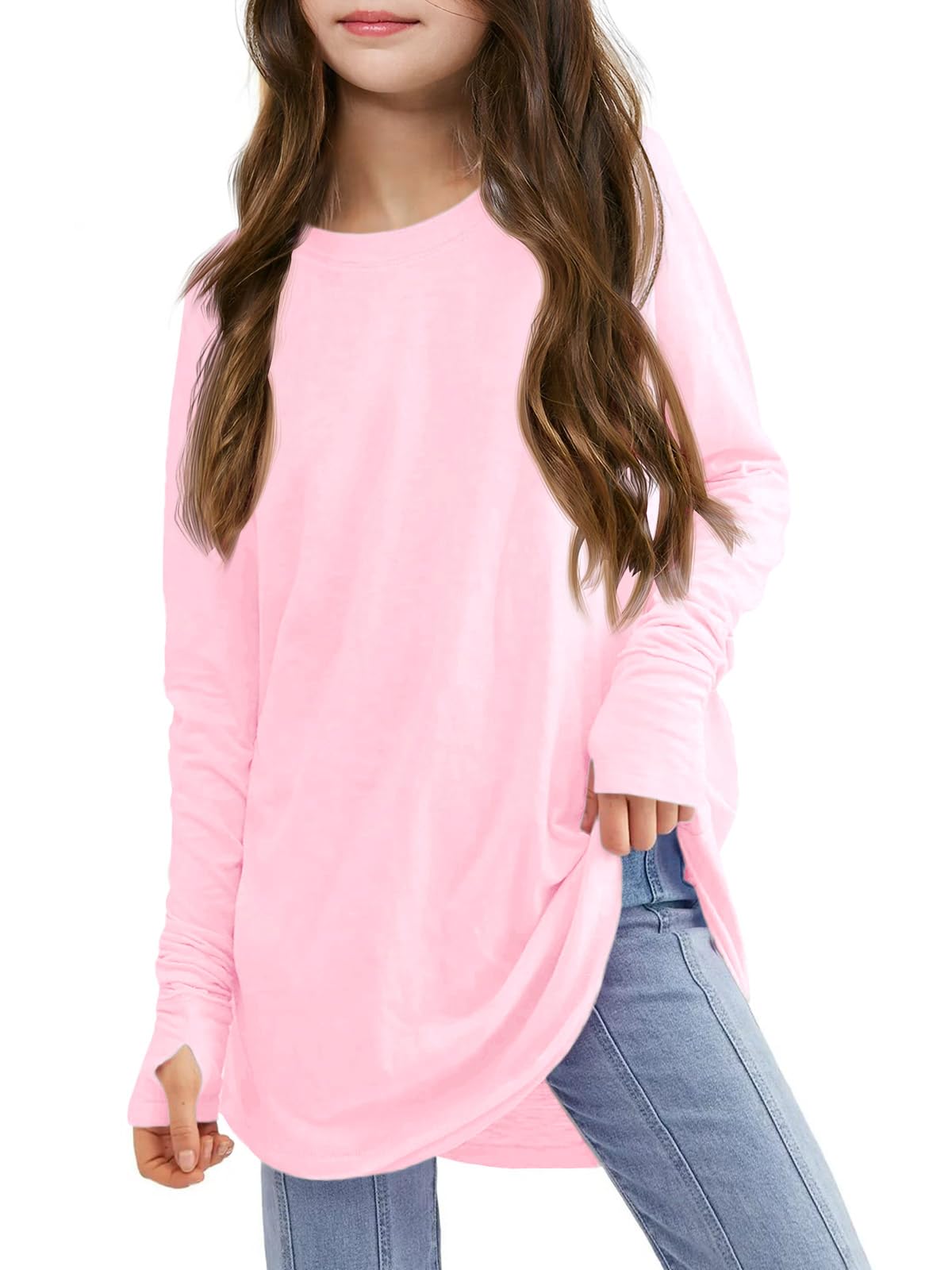 Haloumoning Mädchen Daumenlöcher Langarm T-Shirts Kinder Rundhalsausschnitt Saum Lose Tunika Tops Niedlich Langarmshirt