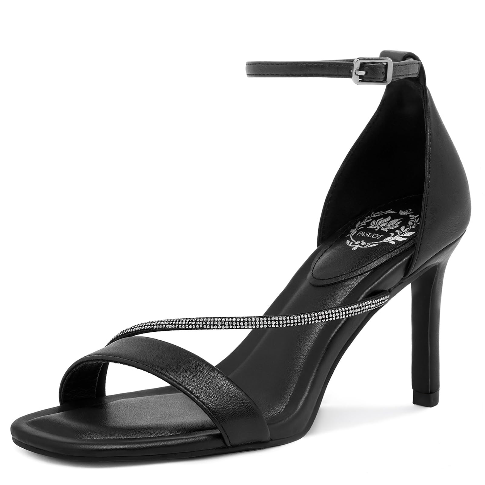 Pasuot Strappy Heels for Women - Open Square Toe Sparkly Stiletto Heel, Rhinestone Straps High Heeled Sandals for Party Prom Homecoming Office Wear,