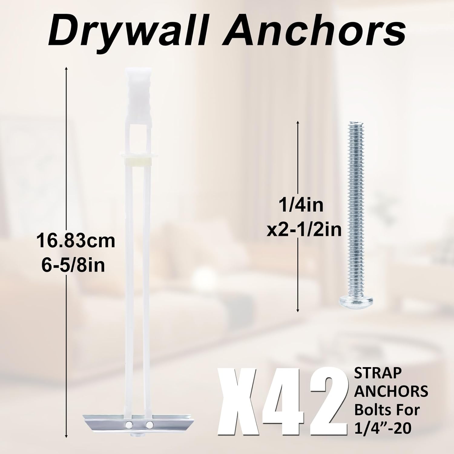 Heavy Duty Drywall Anchor Bolts with 1/4"-20 Fastener Suitable for TV Mounting Hollow Wall Anchor Bolt Screw Kit Supports Up to 270 lbs Each on 1/2 Inch Drywall Pack of 42