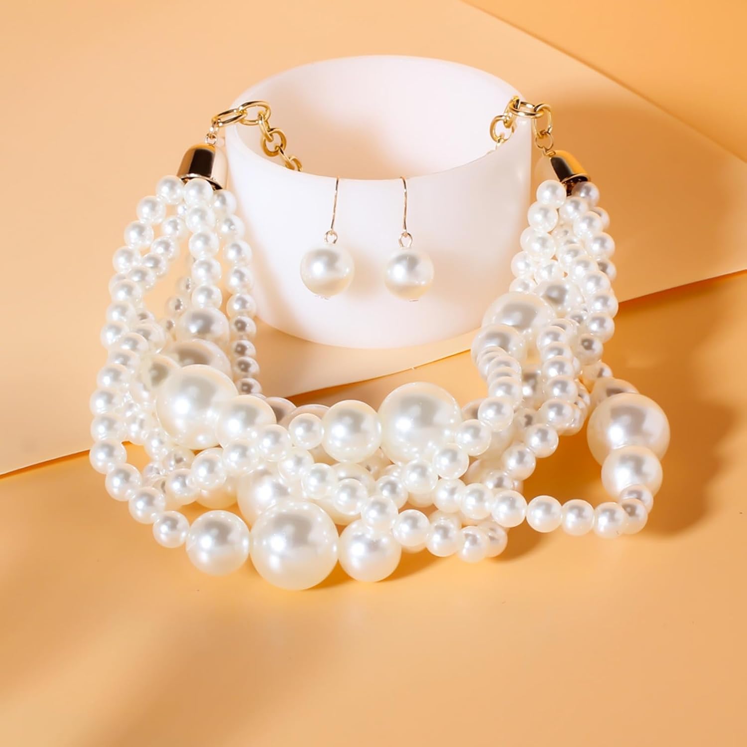 Fashion Faux Pearl Statement Chunky Bib Choker Necklace and Earring Set for Women Gift - Image 4