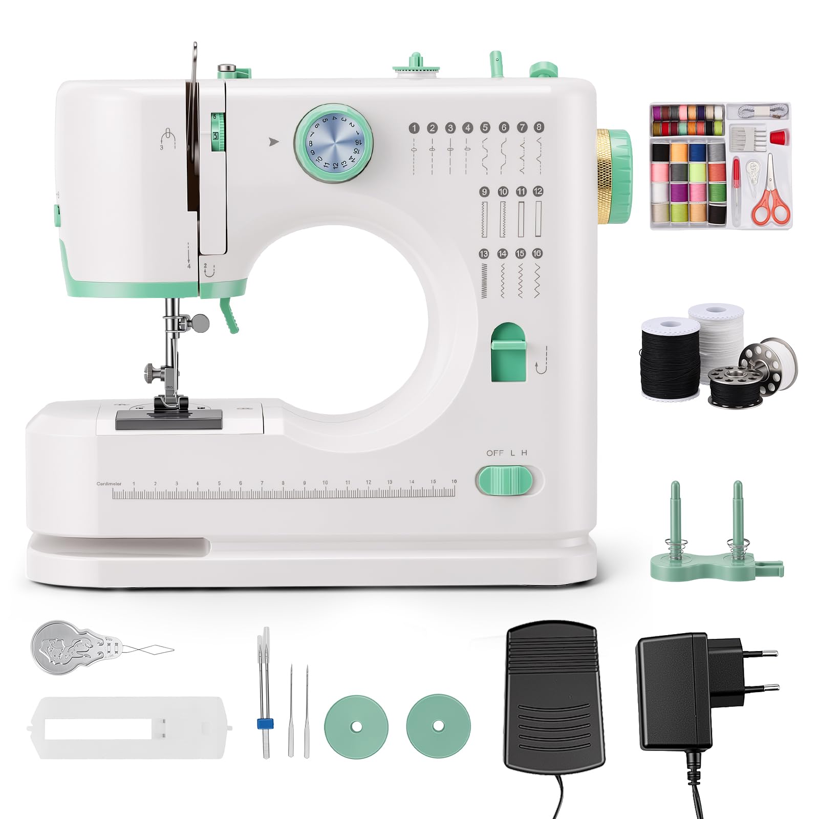 Máquina de coser para principiantes, 16 puntadas, juego de 42 accesorios | Máquina de coser portátil con luz LED, pedal de pie, máquina de coser compacta para retocar denim, algodón y tela normal