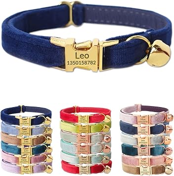 PETDURO Personalized Navy Blue Velvet Cat Collar with Bell