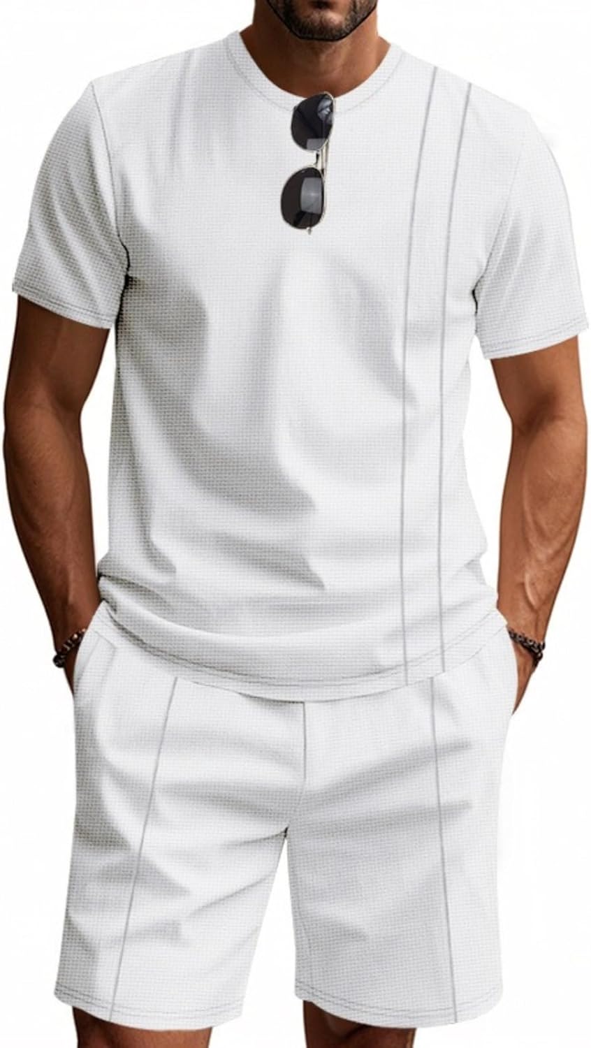 Men's Casual Suits 2 Piece Sets Summer Textured Short Sleeve Button Down Shirt and Shorts