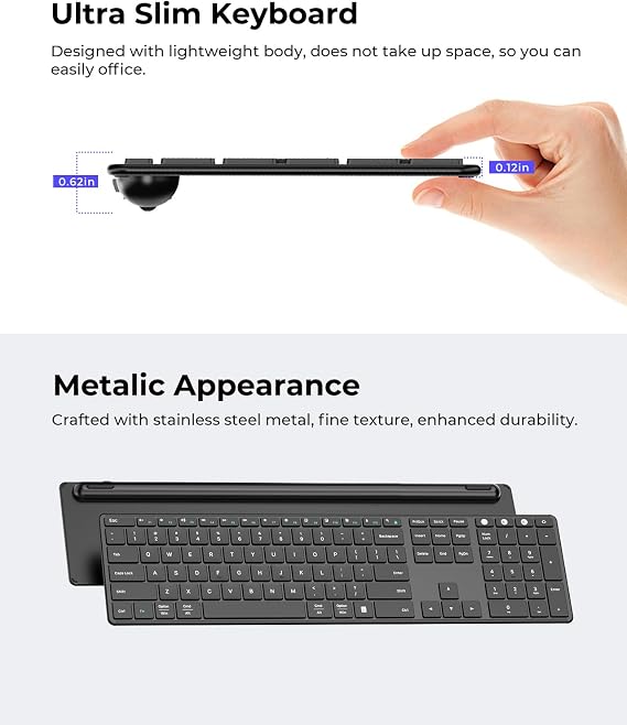 seenda Wireless Bluetooth Keyboard and Mouse Combo (USB + Dual BT), SKM64-3 Multi-Device Rechargeable Slim Keyboard and Mouse, Compatible for Win 7/8/10, MacBook Pro/Air, iPad, Tablet