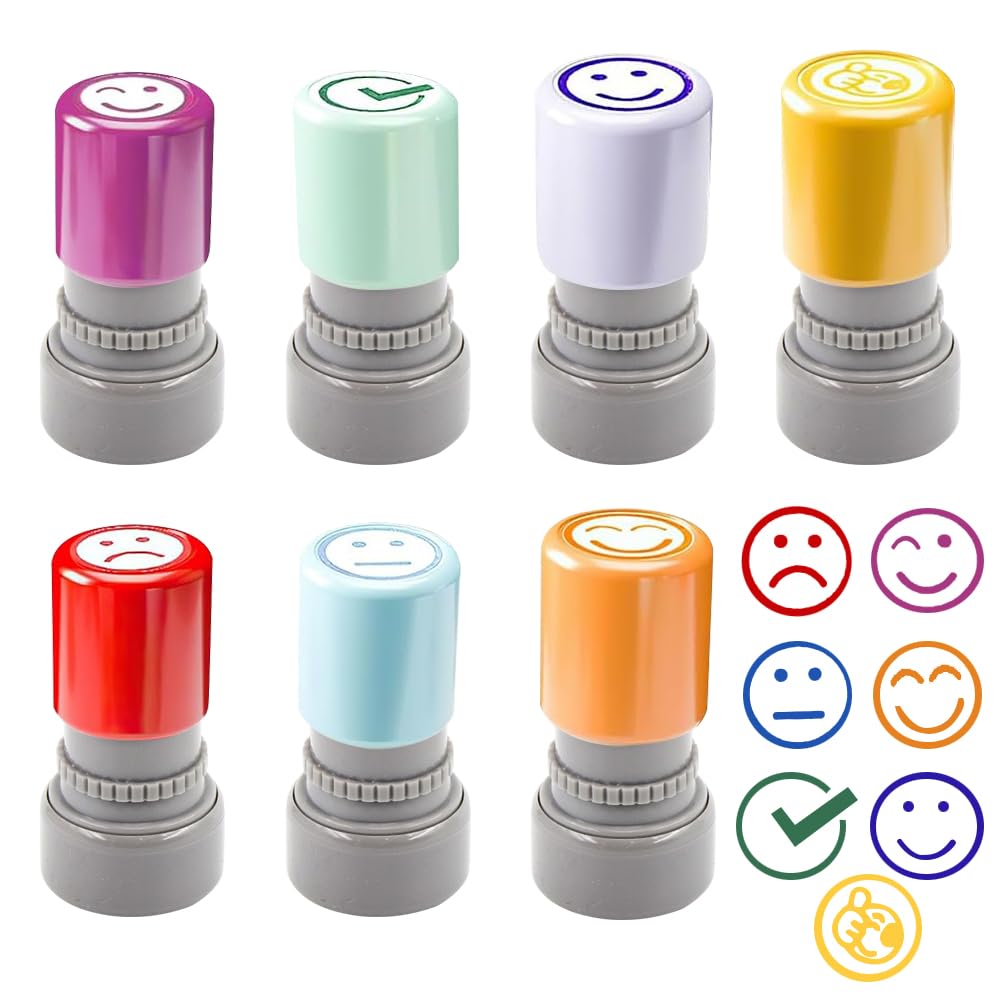 7 x stempel z tworzywa sztucznego dla nauczycieli języka francuskiego dla dzieci, uśmiechnięta pieczęć dla nauczyciela, prezent z pudełkiem, aby zachęcić uczniów
