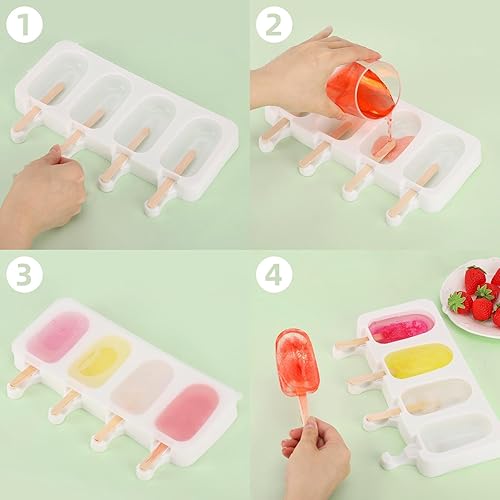 Miniatura 5 de Juego de 3 moldes para paletas con tapas y 100 palitos de paletas de madera, tamaño estándar, 4 cavidades, moldes de silicona para hacer cakesicles,