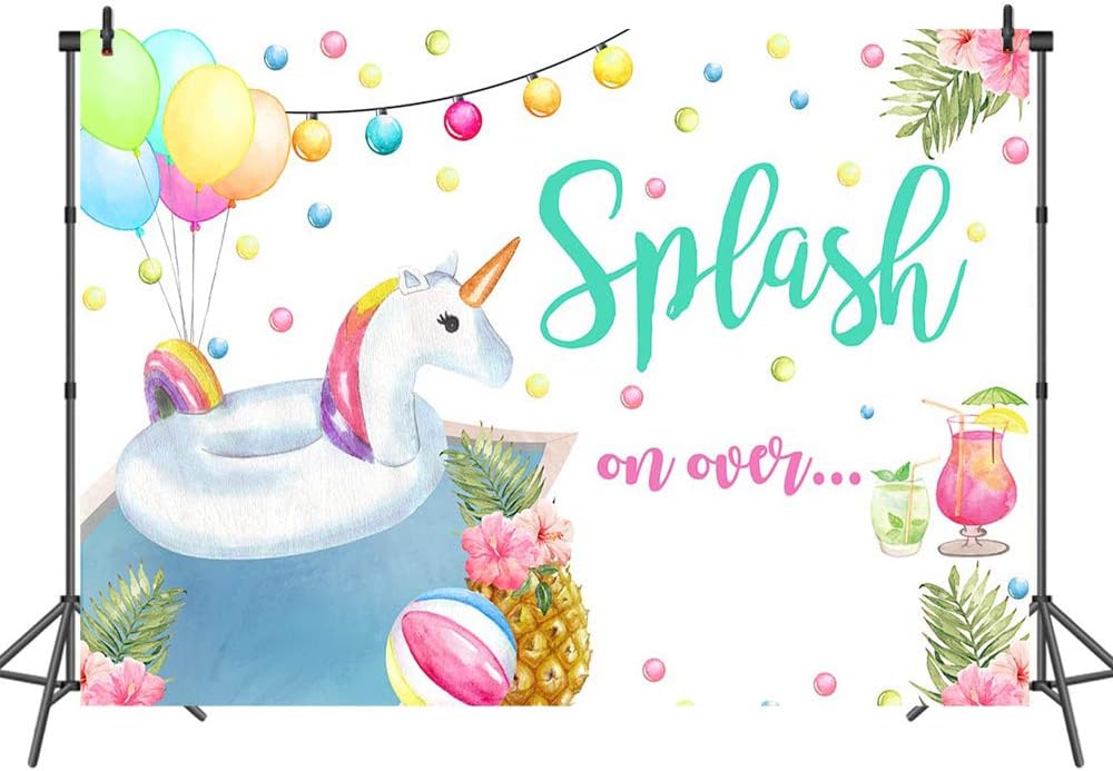 Mocsicka 8x6ft Unicorn Pool Party Backdrop Girl Pool Party Birthday Photo Background Splash Pool Party Backdrops (8x6)