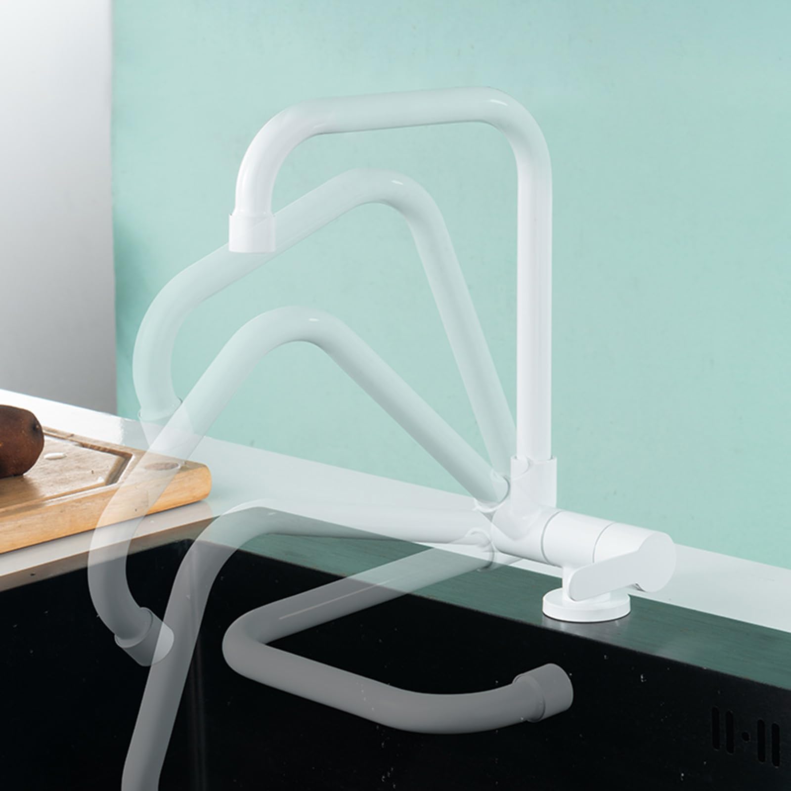 Grifo Cocina Blanco Abatible Grifo de Cocina para Ventana Agua Fria Giratorio de 360° Grifo Fregadero Cocina Acero Inoxidable-Blanco