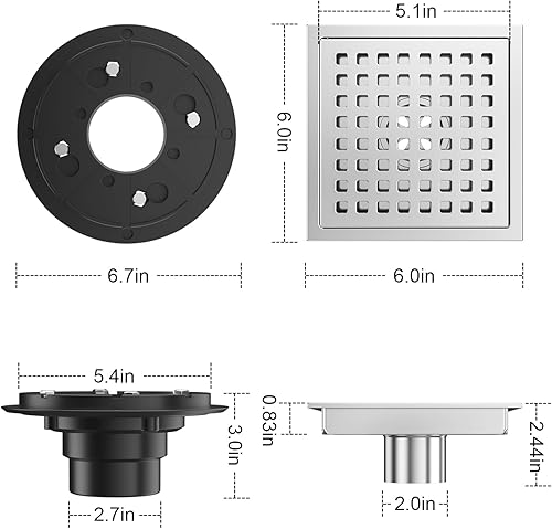 Miniatura 3 de Drenaje de ducha cuadrado de 6 pulgadas cromado, drenaje de piso de baño, kit de drenaje de acero inoxidable con brida, cubierta de rejilla