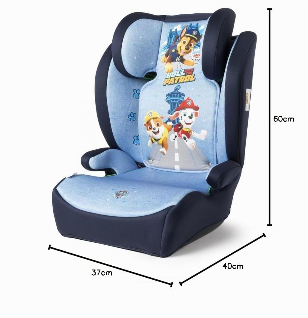 Seggiolino auto Paw Patrol per la sicurezza dei bambini di altezza da 100 a 150 cm con grafica dei simpatici cani Chase, Rubble e Marshall su sfondo azzurro e blu