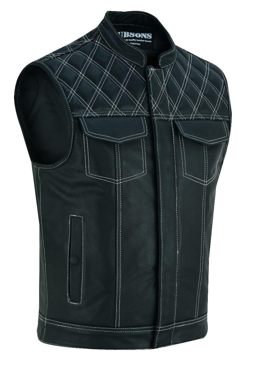 SOA Men's Motorcycle Diamond White Stitching quilted Leather Biker Club Style Vest