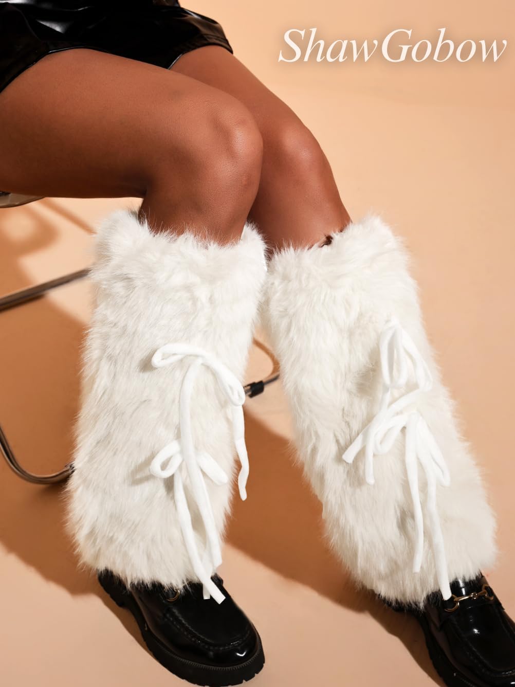 Fuzzy Leg Warmers,Bow Tie Faux Fur Fluffy Boots For Women,Furry Concert Rave Santa Costume Boot Covers - Image 7