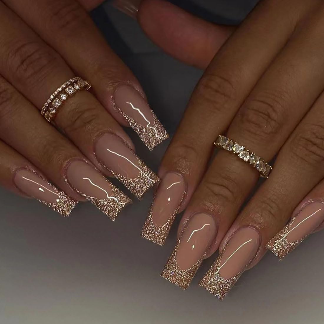 Cubahop 24pcs Long Coffin Bling Fake Nails Press on Nails Pink Glitter False Nail Stick on Nails for Women and Girls(B)